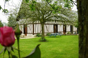 Maison à colombages avec 1 pommier et une table de pique-nique, dans un grand jardin
